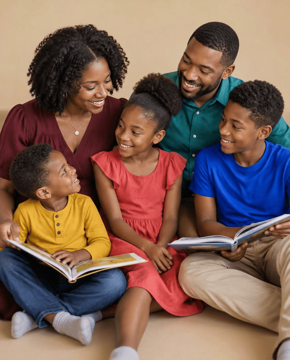 An African-American father, mother and three children reading picture books together
