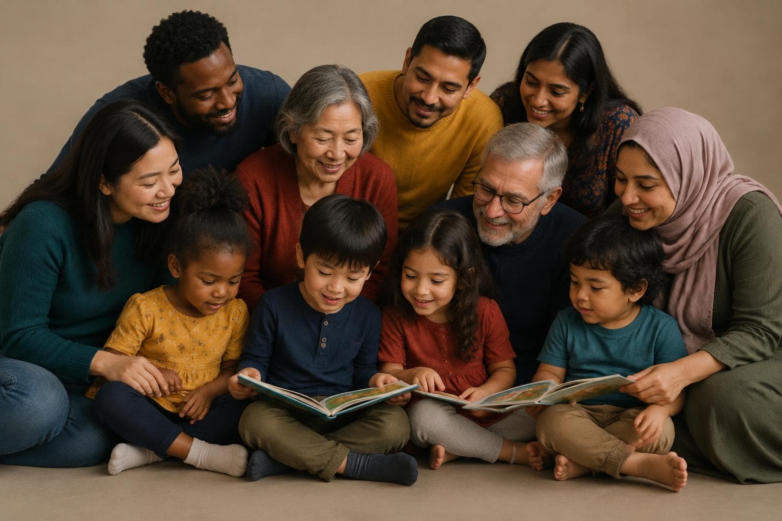 A community of adults and grandparents of many ethnicities gathered closely around children reading picture books