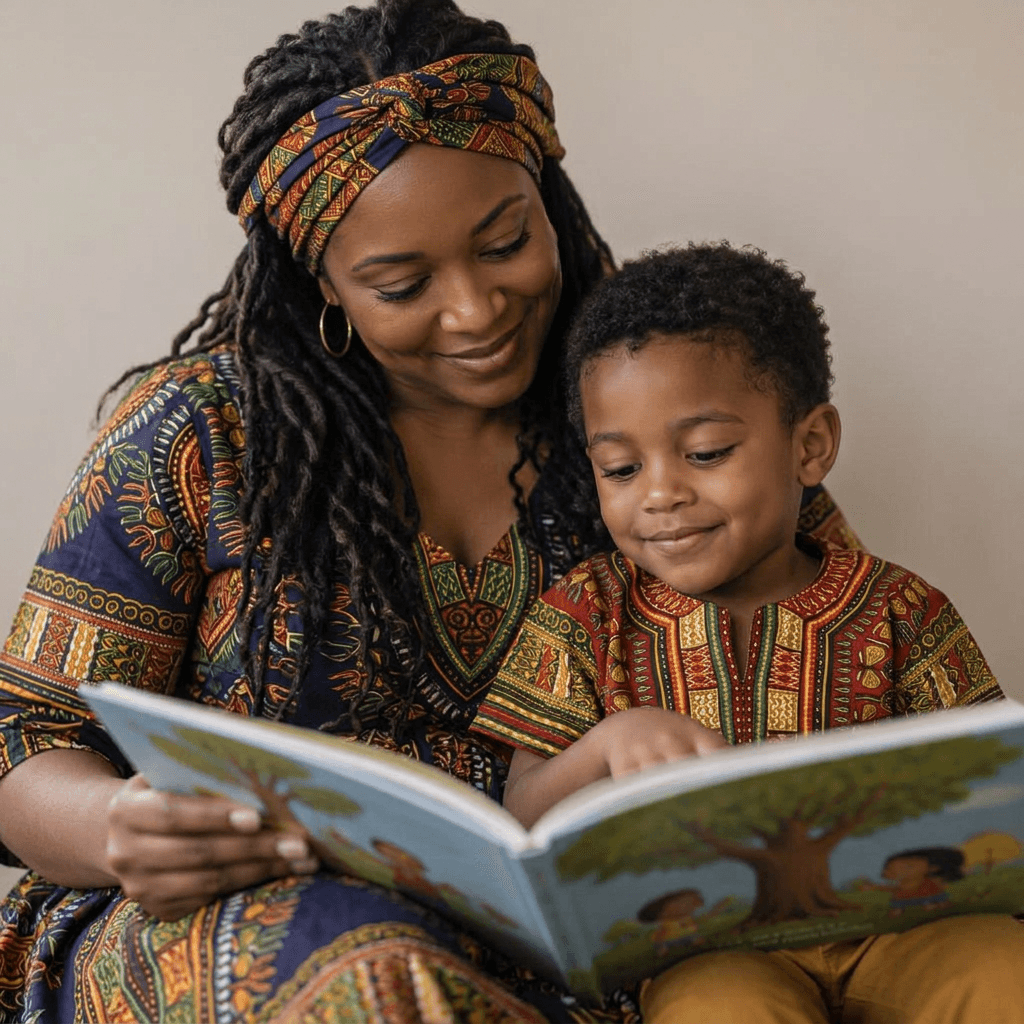 A mother reading a picture book with her young son