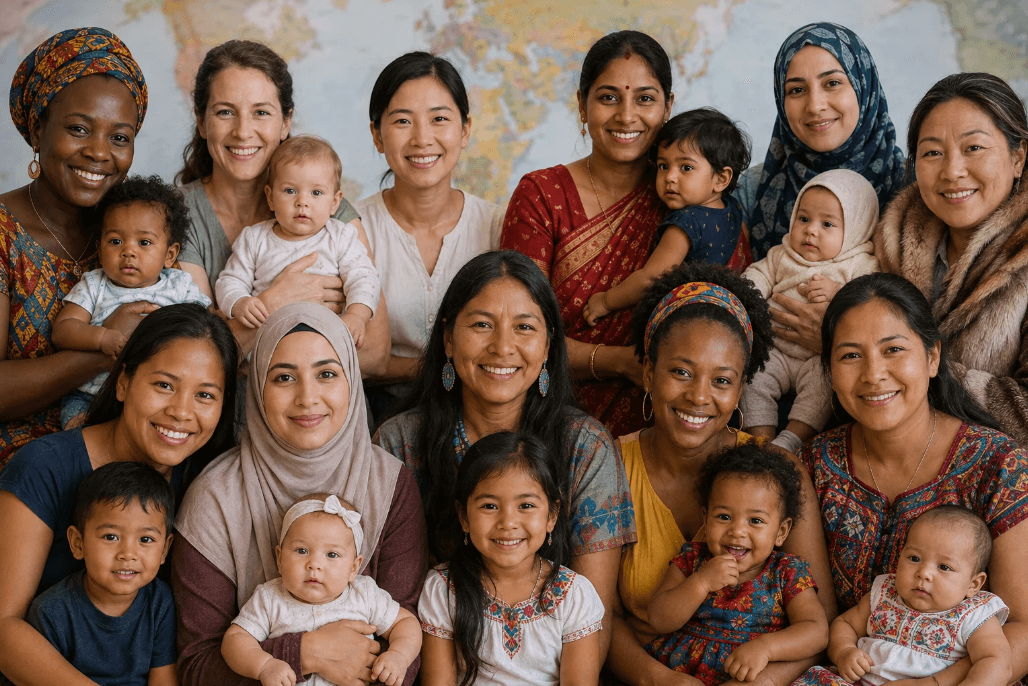 Mothers and young children from many cultures gathered together
