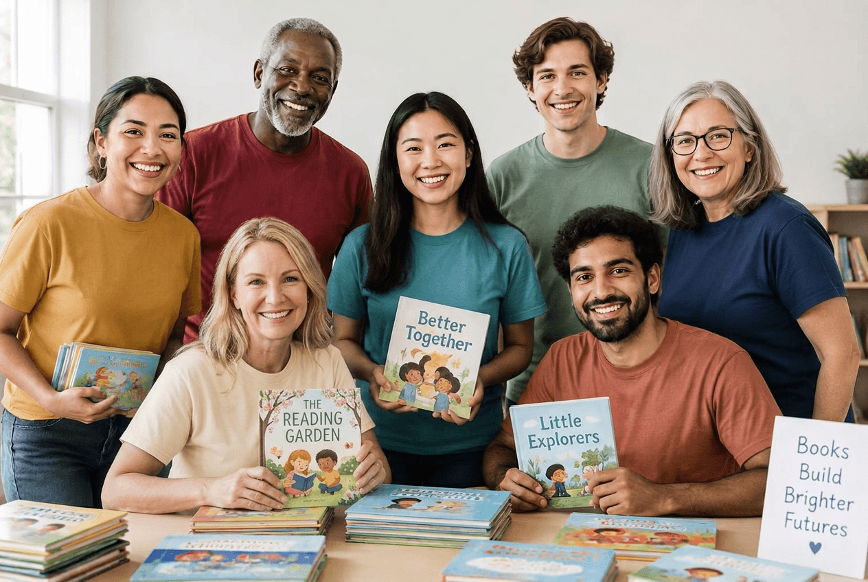 Smiling volunteers with children's books at a community book drive