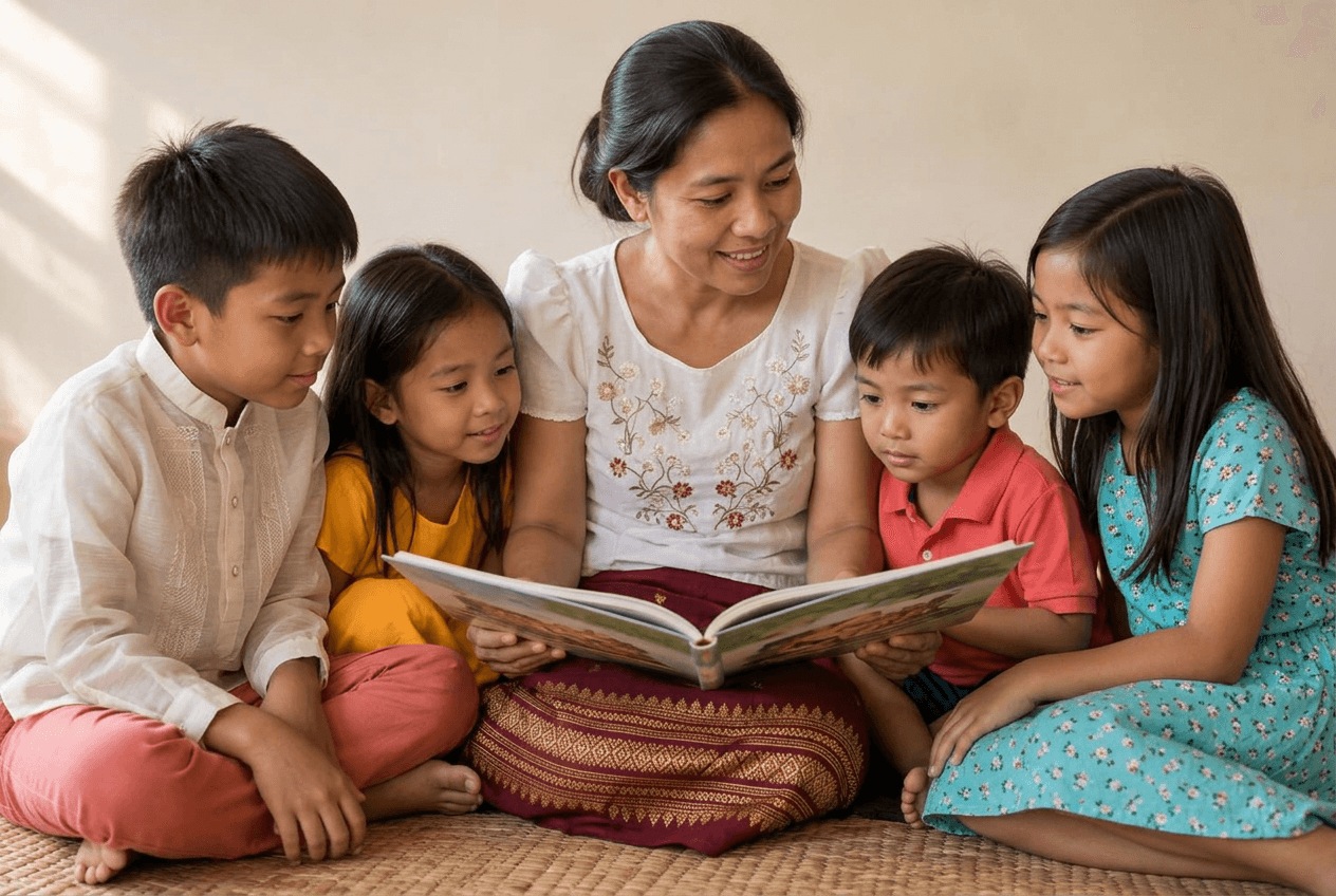 A mother reading a picture book to four children at home