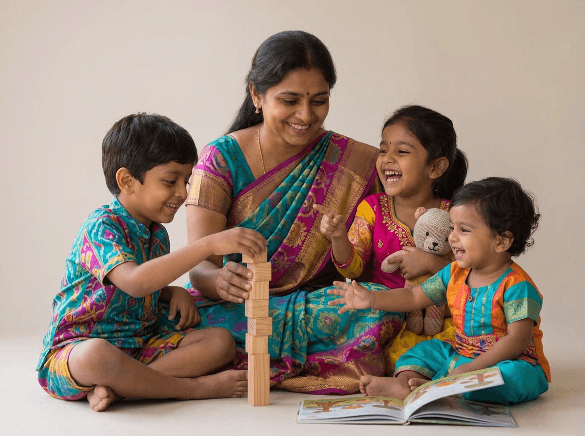 An Indian mother playing with her three children on the floor with blocks and a picture book