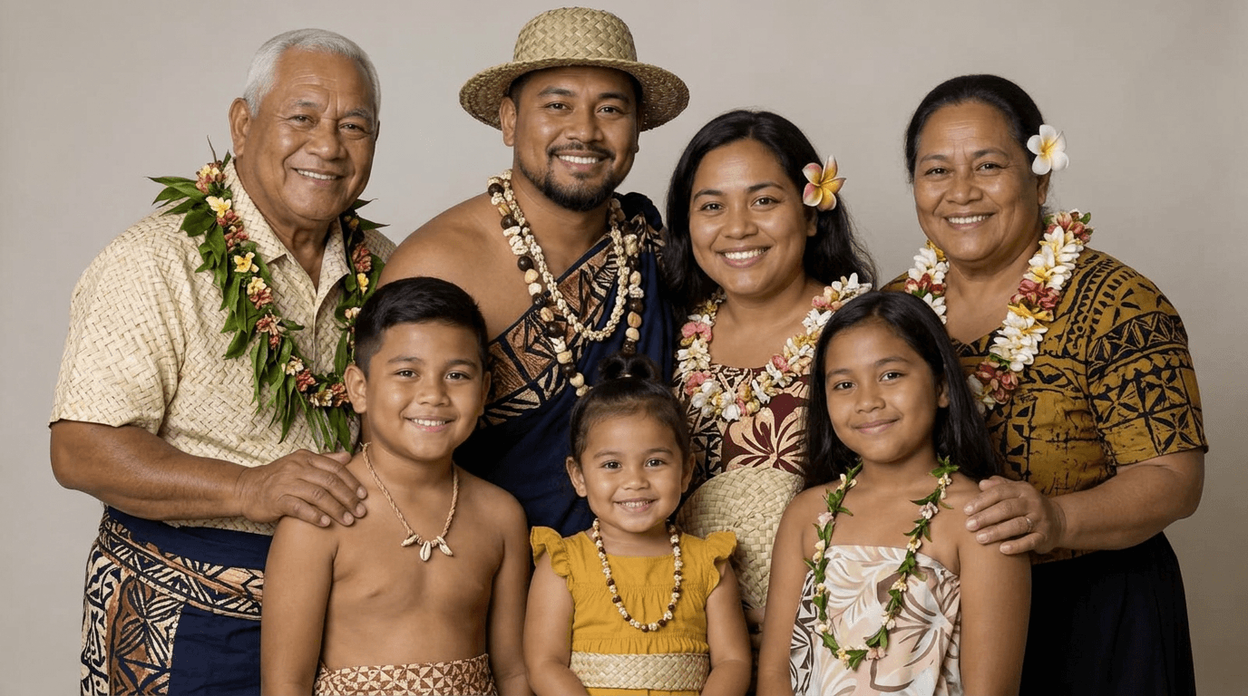 A Polynesian family — grandfather, grandmother, father, mother, and three children — together against a plain background